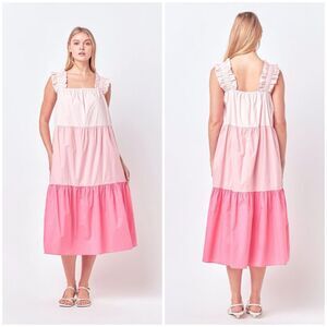English Factory Color Block Midi Dress Size Large Tiered Pink Ruffle Strap